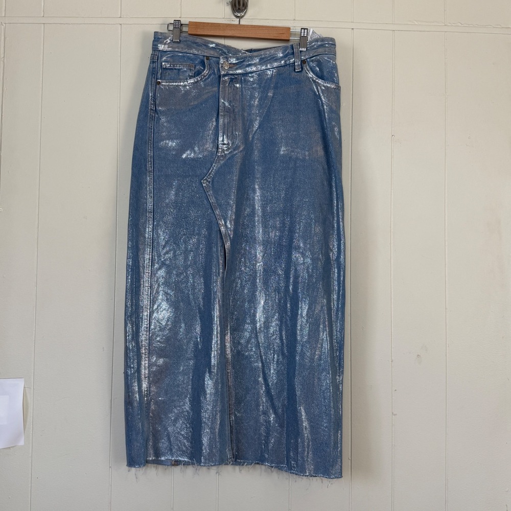 Zara Women's Metallic Denim Midi Skirt Asymmetrical Waist Blue Size M Disco